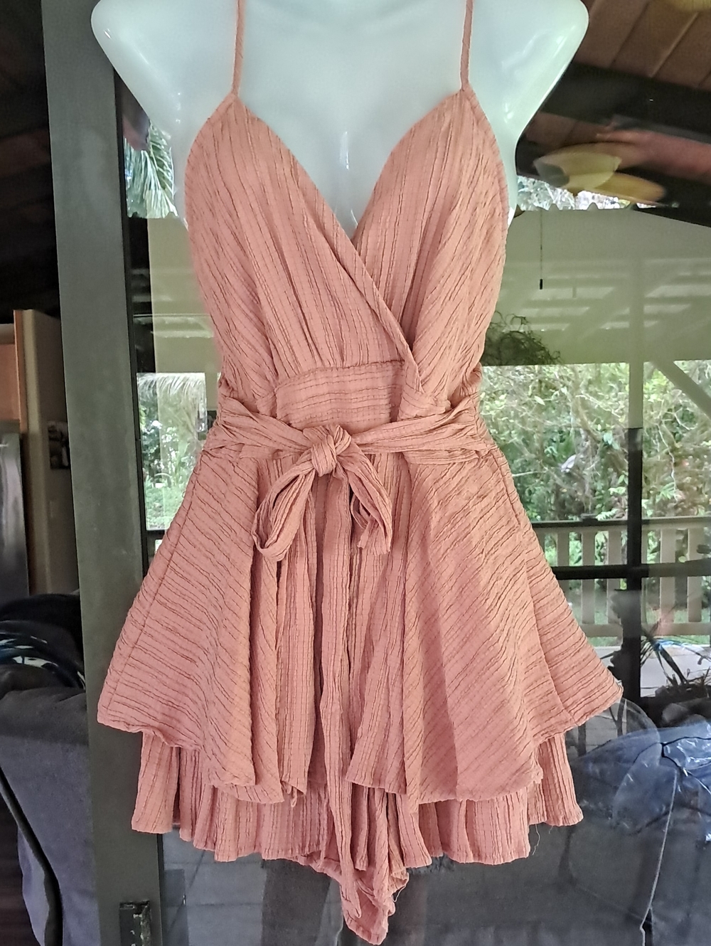 Women's Peach Blush Wrap Romper Skort with Tie Waist